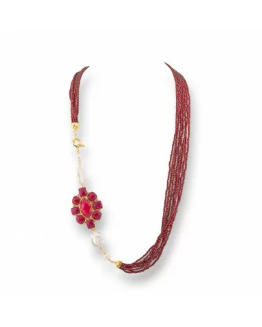 Collana Bijoux Multifilo Di Perle Di Fiume Barocche E Cristalli CZ 60cm Con Centrale Di Bronzo Bordeaux Giada Rubellite-DESIGN ITALY | Worldofjewel.com