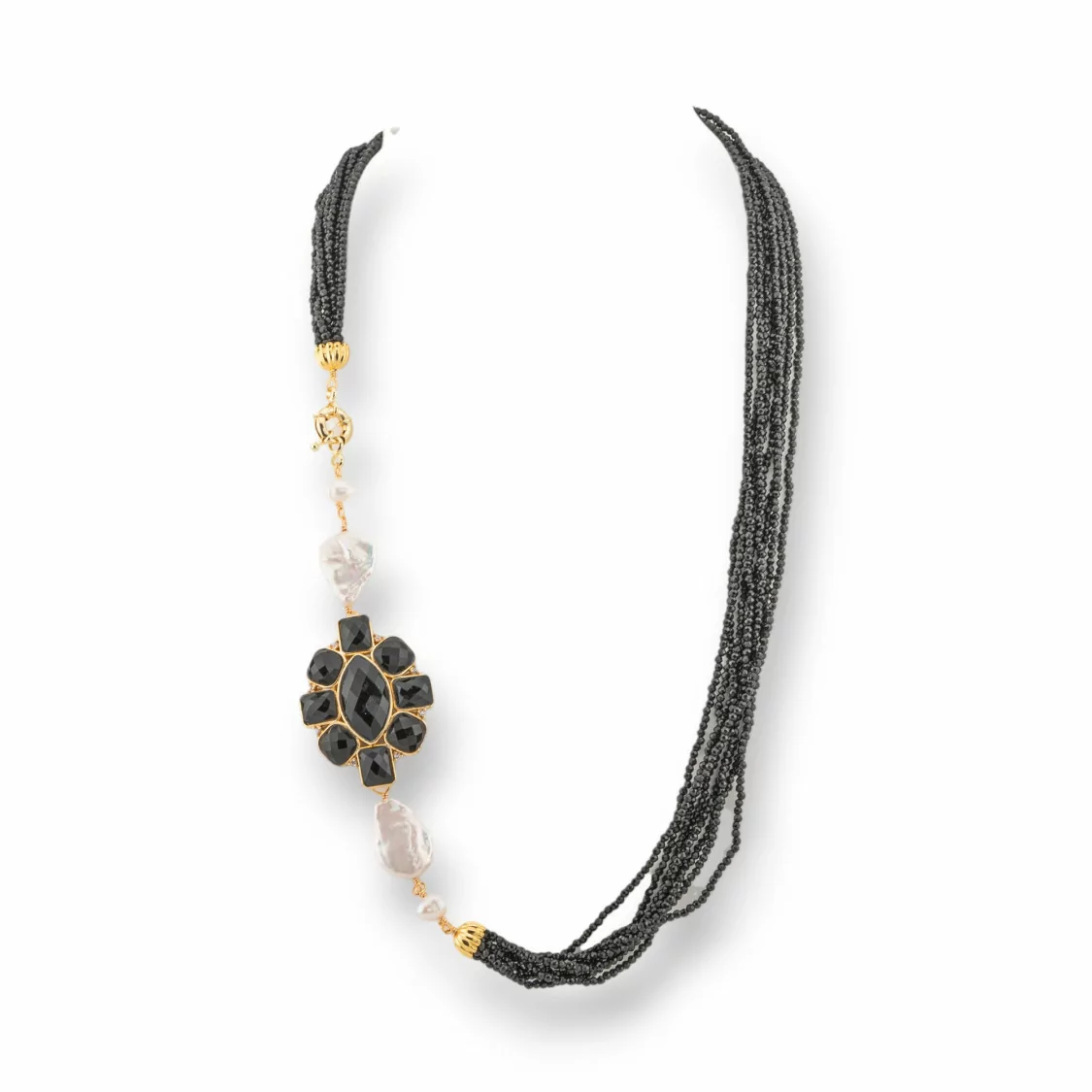 Collana Bijoux Multifilo Di Perle Di Fiume Barocche E Cristalli CZ 60cm Con Centrale Di Bronzo Nero Onice-DESIGN ITALY | Worldofjewel.com