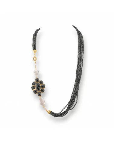 Collana Bijoux Multifilo Di Perle Di Fiume Barocche E Cristalli CZ 60cm Con Centrale Di Bronzo Nero Onice-DESIGN ITALY | Worldofjewel.com