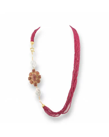 Collana Bijoux Multifilo Di Perle Di Fiume Barocche E Cristalli CZ 60cm Con Centrale Di Bronzo Ruby Quarzo Fragola-DESIGN ITALY | Worldofjewel.com