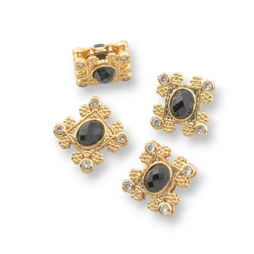 Composant Central Multifils Bronze Avec Pierres Semi-précieuses et Zircons 16x17mm Double Face 4pcs Onyx Doré