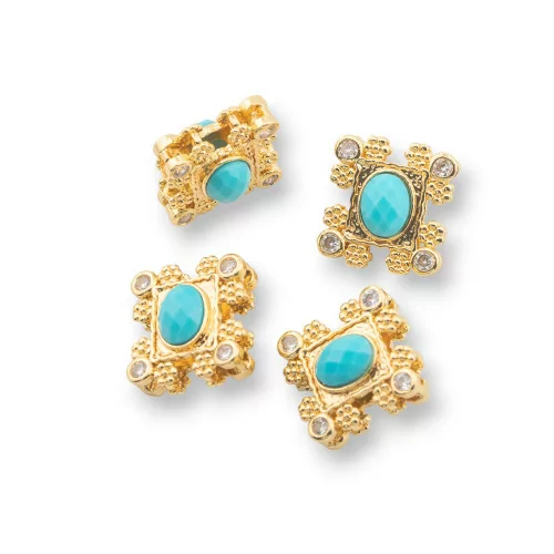 Composant Central multibrin en Bronze avec pierres semi-précieuses et Zircons 16x17mm Double face 4 pièces pâte Turquoise dorée