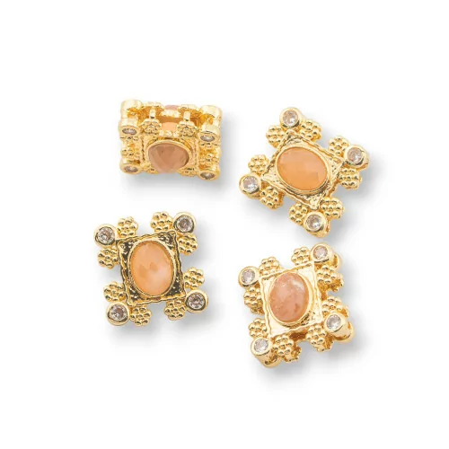 Multi-strand Bronze Central Component With Hard Stones And Zircons 16x17mm Double Side 4pcs Gold Pink Moonstone