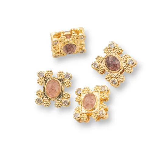 Multi-strand Bronze Central Component With Hard Stones And Zircons 16x17mm Double Side 4pcs Golden Strawberry Quartz