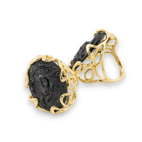 Bronze Ring AURORA Collection 28x32mm With Resin Cameo Adjustable Size Black Gold