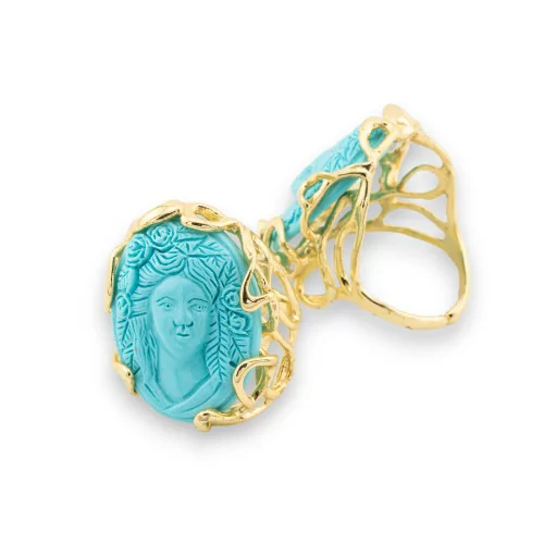 Bronze Ring AURORA Collection 28x32mm With Resin Cameo Adjustable Size Gold Turquoise