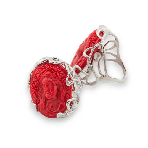 Bague Bronze Collection AURORA 28x32mm Avec Camée Résine Taille Ajustable Plaqué Rhodium Rouge