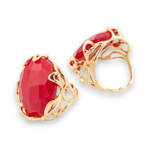 Anillo de Bronce Colección AURORA 28x32mm Con Piedras Semipreciosas Tamaño Ajustable Jade Rojo Dorado