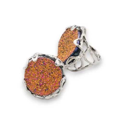 Bronze Ring AURORA Collection 28x32mm With AB Resin Adjustable Size Rhodium Plated Orange Druze