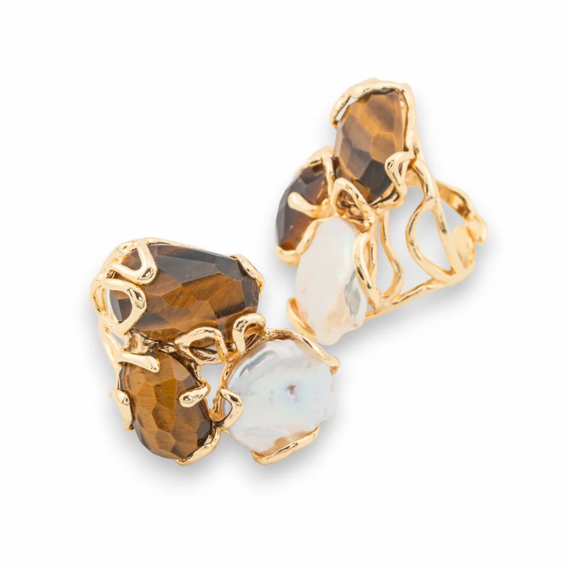 Anello Di Bronzo Collezione AURORA 32x36mm Con Pietre Dure Misura Regolabile Dorato Occhio Di Tigre E Perle Di Fiume-ANELLI BRONZO E OCCHIO DI GATTO | Worldofjewel.com