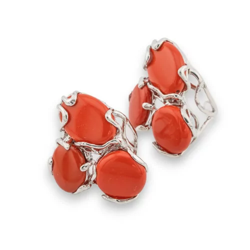 Bronze Ring AURORA Collection 32x36mm With Hard Stones Adjustable Size Rhodium Plated Coral Paste