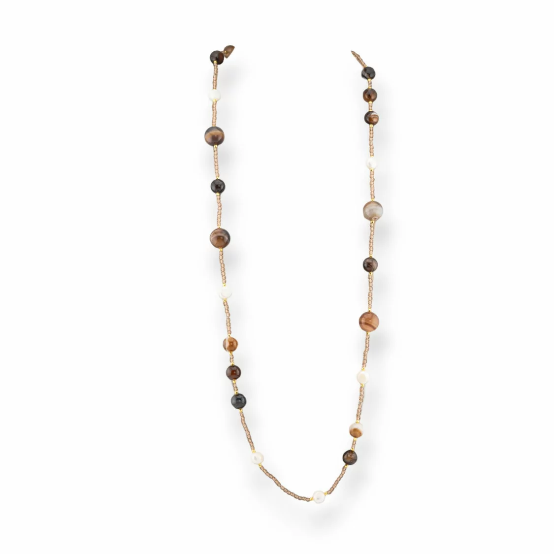 Collana Bijoux Charlestone Di Cristalli CZ Con Pietre Dure E Perle Di Fiume Con Ematite 90cm Marrone-DESIGN ITALY | Worldofjewel.com