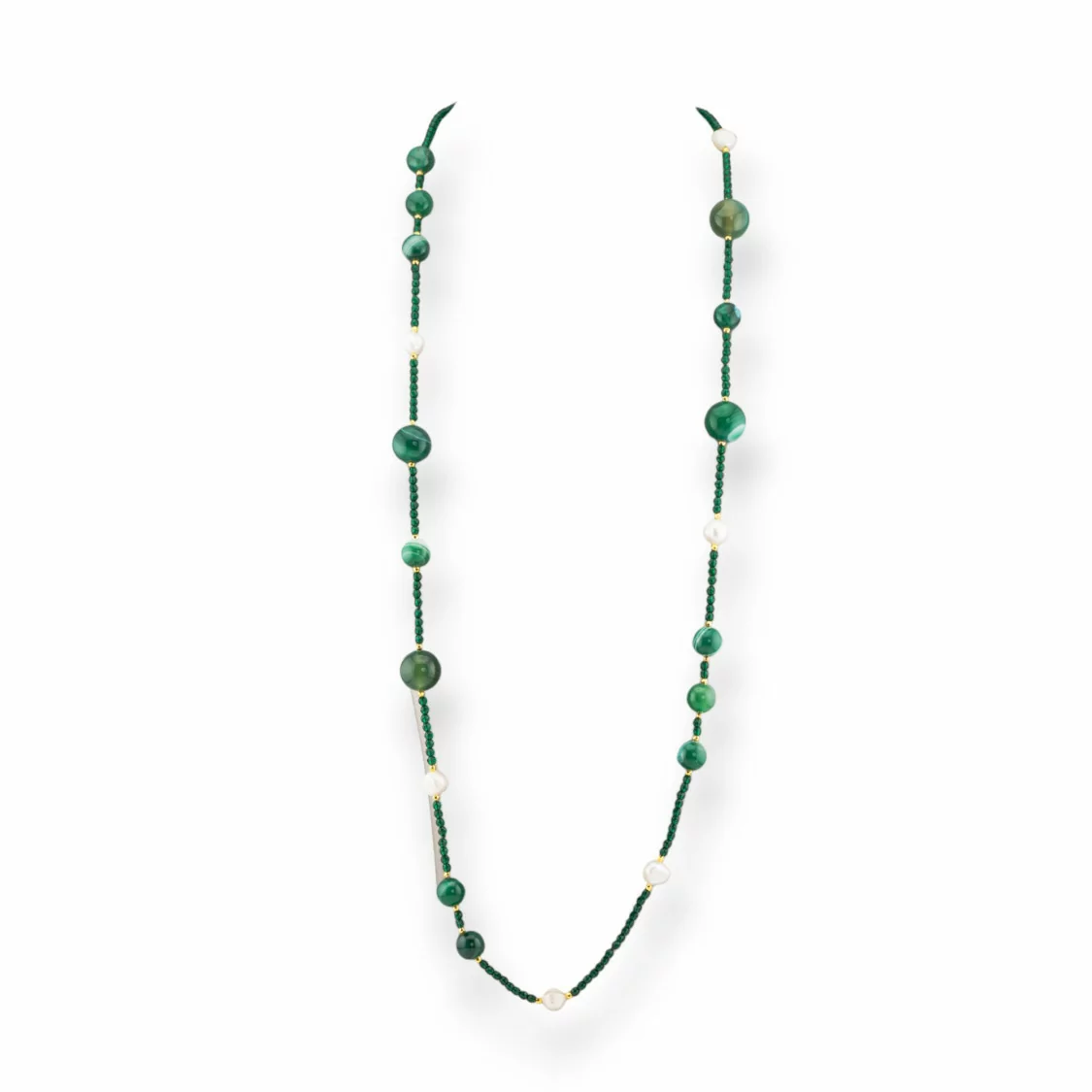 Collana Bijoux Charlestone Di Cristalli CZ Con Pietre Dure E Perle Di Fiume Con Ematite 90cm Verde Smeraldo-DESIGN ITALY | Worldofjewel.com