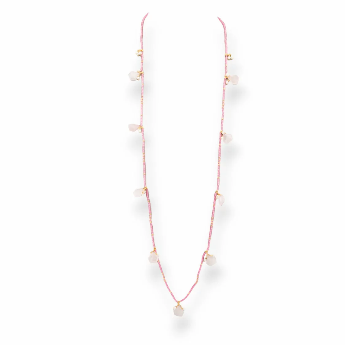 Collana Bijoux Charlestone Di Cristalli CZ Con Pietre Dure E Perle Di Maiorca Con Ematite 90cm Quarzo Rosa-DESIGN ITALY | Worldofjewel.com