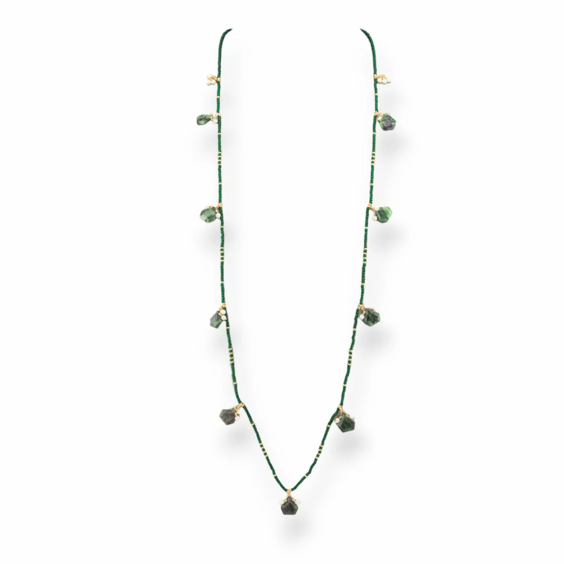 Collana Bijoux Charlestone Di Cristalli CZ Con Pietre Dure E Perle Di Maiorca Con Ematite 90cm Zoisite-DESIGN ITALY | Worldofjewel.com