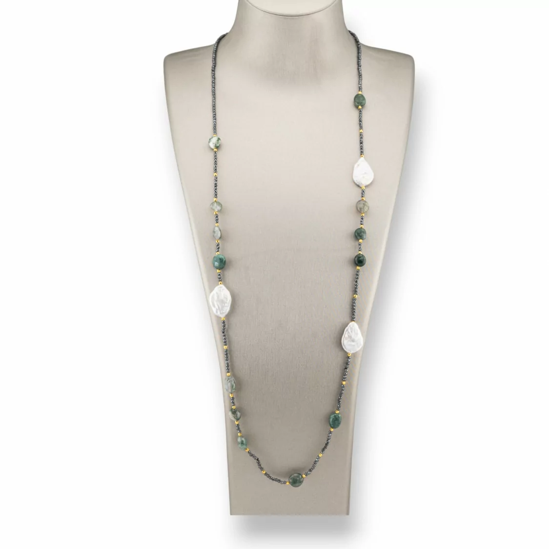 Collana Bijoux Charlestone Di Ematite Con Perle Di Fiume Barocche Piatte E Pietre Dure 90cm Agata Muschiata-DESIGN ITALY | Worldofjewel.com