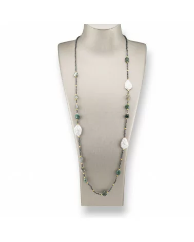 Collana Bijoux Charlestone Di Ematite Con Perle Di Fiume Barocche Piatte E Pietre Dure 90cm Agata Muschiata-DESIGN ITALY | Worldofjewel.com