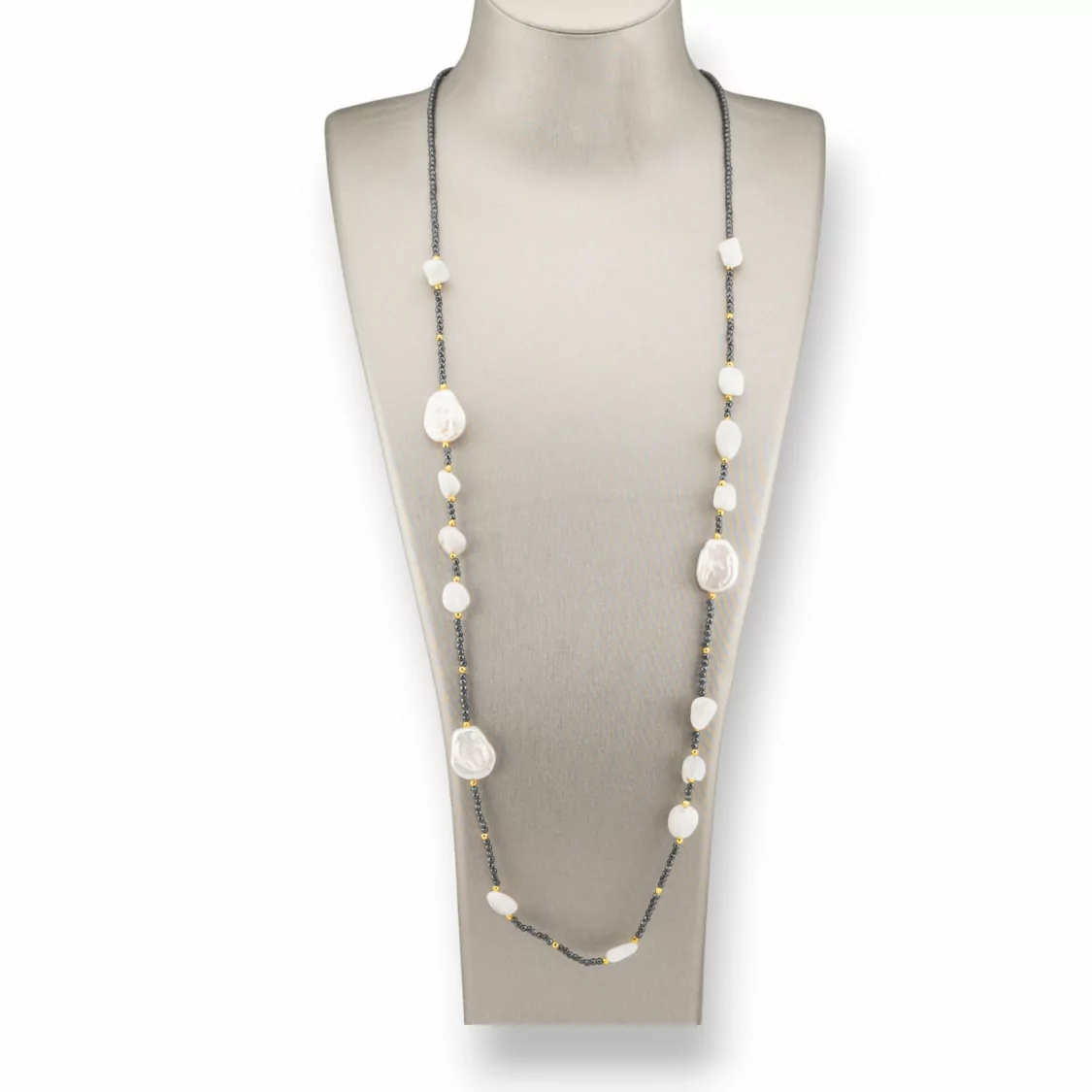 Collana Bijoux Charlestone Di Ematite Con Perle Di Fiume Barocche Piatte E Pietre Dure 90cm Bianco-DESIGN ITALY | Worldofjewel.com