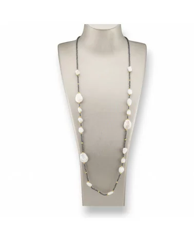 Collana Bijoux Charlestone Di Ematite Con Perle Di Fiume Barocche Piatte E Pietre Dure 90cm Bianco-DESIGN ITALY | Worldofjewel.com