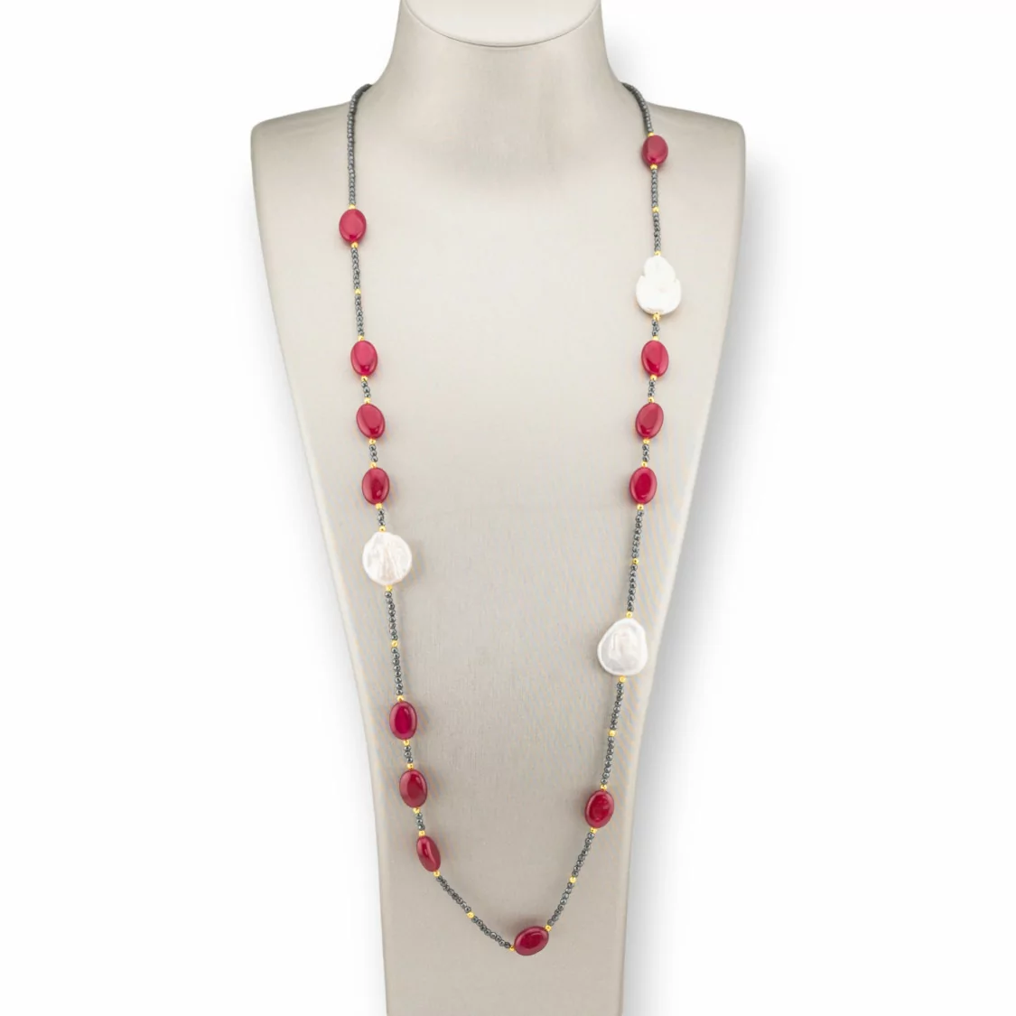 Collana Bijoux Charlestone Di Ematite Con Perle Di Fiume Barocche Piatte E Pietre Dure 90cm Giada Rosso-DESIGN ITALY | Worldofjewel.com