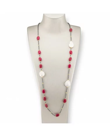 Collana Bijoux Charlestone Di Ematite Con Perle Di Fiume Barocche Piatte E Pietre Dure 90cm Giada Rosso-DESIGN ITALY | Worldofjewel.com