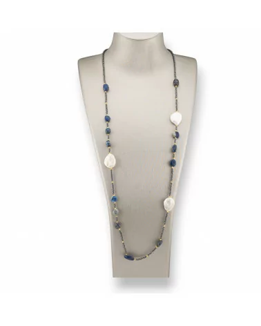 Collana Bijoux Charlestone Di Ematite Con Perle Di Fiume Barocche Piatte E Pietre Dure 90cm Lapislazzuli-DESIGN ITALY | Worldofjewel.com