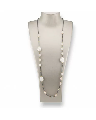 Collana Bijoux Charlestone Di Ematite Con Perle Di Fiume Barocche Piatte E Pietre Dure 90cm Quarzo Rosa-DESIGN ITALY | Worldofjewel.com