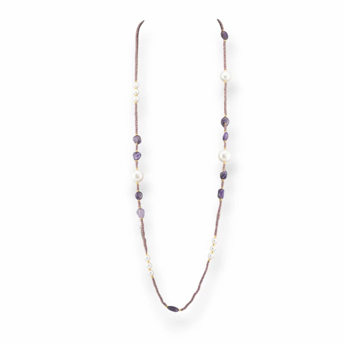 Collana Bijoux Di Cristalli CZ Con Perle Di Maiorca Pietre Dure E Ematite 90cm Ametista-DESIGN ITALY | Worldofjewel.com