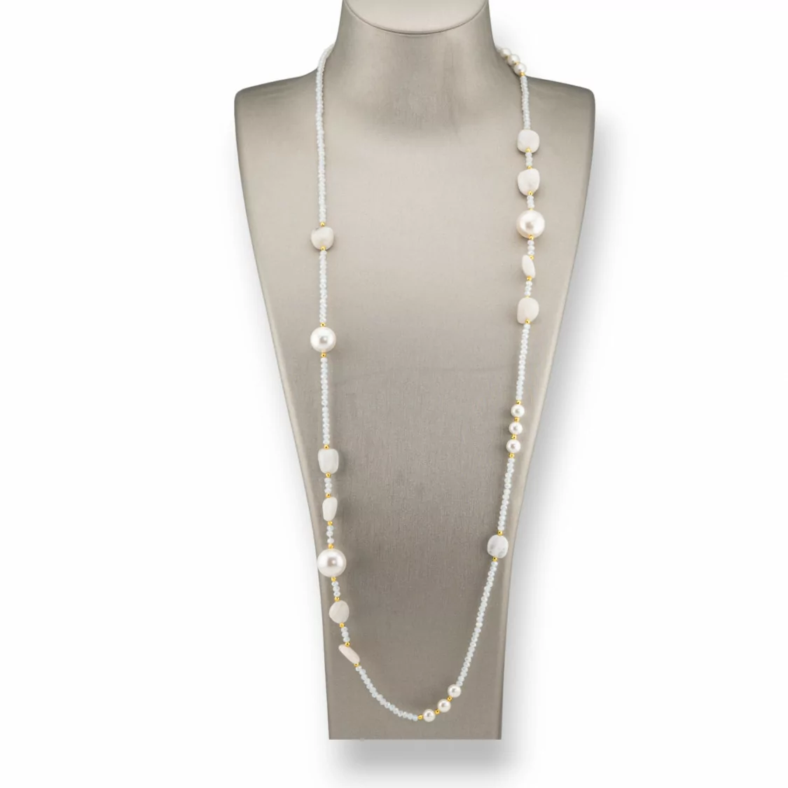 Collana Bijoux Di Cristalli CZ Con Perle Di Maiorca Pietre Dure E Ematite 90cm Bianco-DESIGN ITALY | Worldofjewel.com