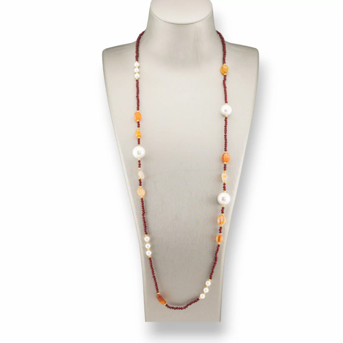 Collana Bijoux Di Cristalli CZ Con Perle Di Maiorca Pietre Dure E Ematite 90cm Corniola-DESIGN ITALY | Worldofjewel.com