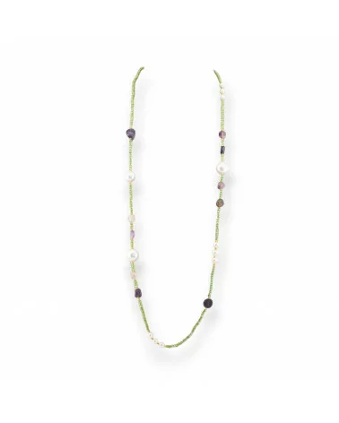 Collana Bijoux Di Cristalli CZ Con Perle Di Maiorca Pietre Dure E Ematite 90cm Fluorite-DESIGN ITALY | Worldofjewel.com