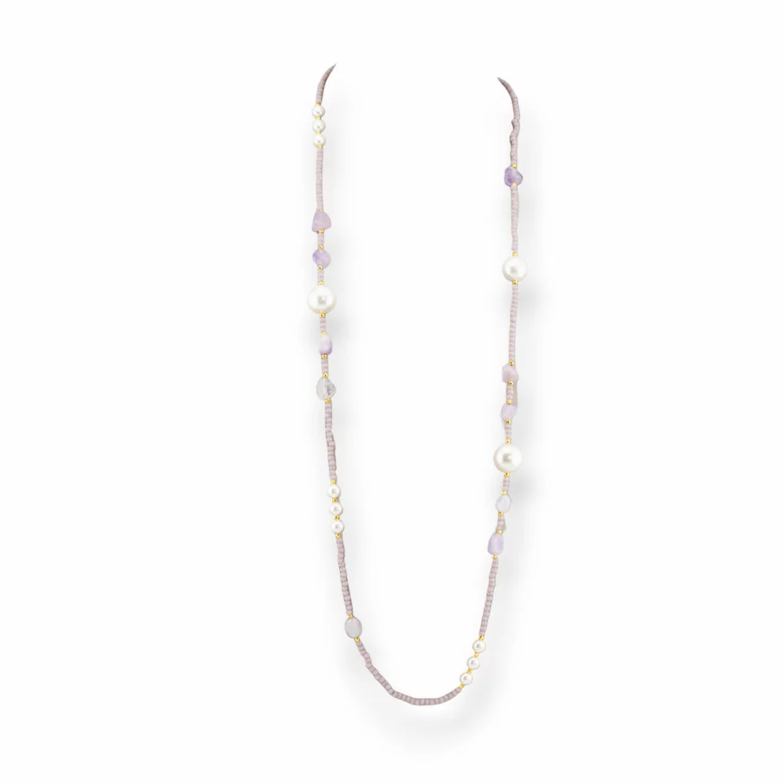 Collana Bijoux Di Cristalli CZ Con Perle Di Maiorca Pietre Dure E Ematite 90cm Lavanda-DESIGN ITALY | Worldofjewel.com