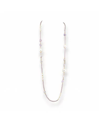 Collana Bijoux Di Cristalli CZ Con Perle Di Maiorca Pietre Dure E Ematite 90cm Lavanda-DESIGN ITALY | Worldofjewel.com