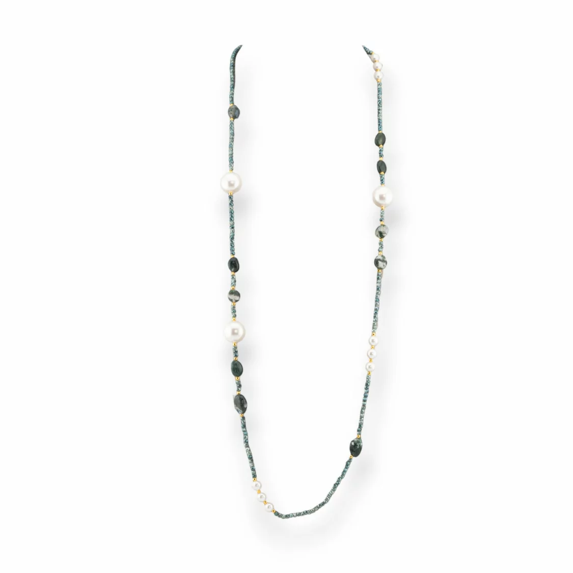 Collana Bijoux Di Cristalli CZ Con Perle Di Maiorca Pietre Dure E Ematite 90cm Prenite-DESIGN ITALY | Worldofjewel.com