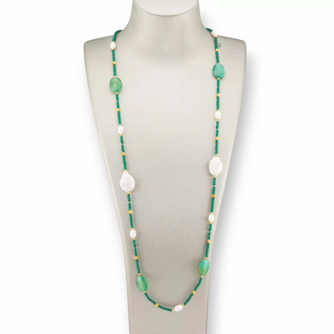 Collana Bijoux Di Cristalli CZ Con Pietre Dure E Perle Barocche Con Ematite 90cm Agata Verde-DESIGN ITALY | Worldofjewel.com