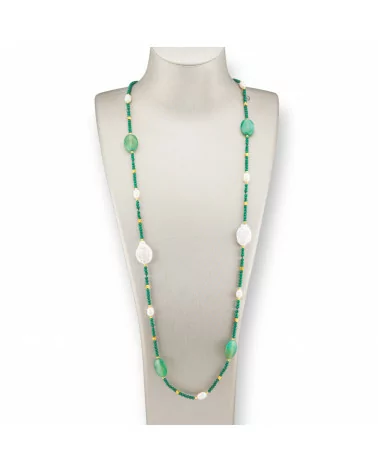 Collana Bijoux Di Cristalli CZ Con Pietre Dure E Perle Barocche Con Ematite 90cm Agata Verde-DESIGN ITALY | Worldofjewel.com