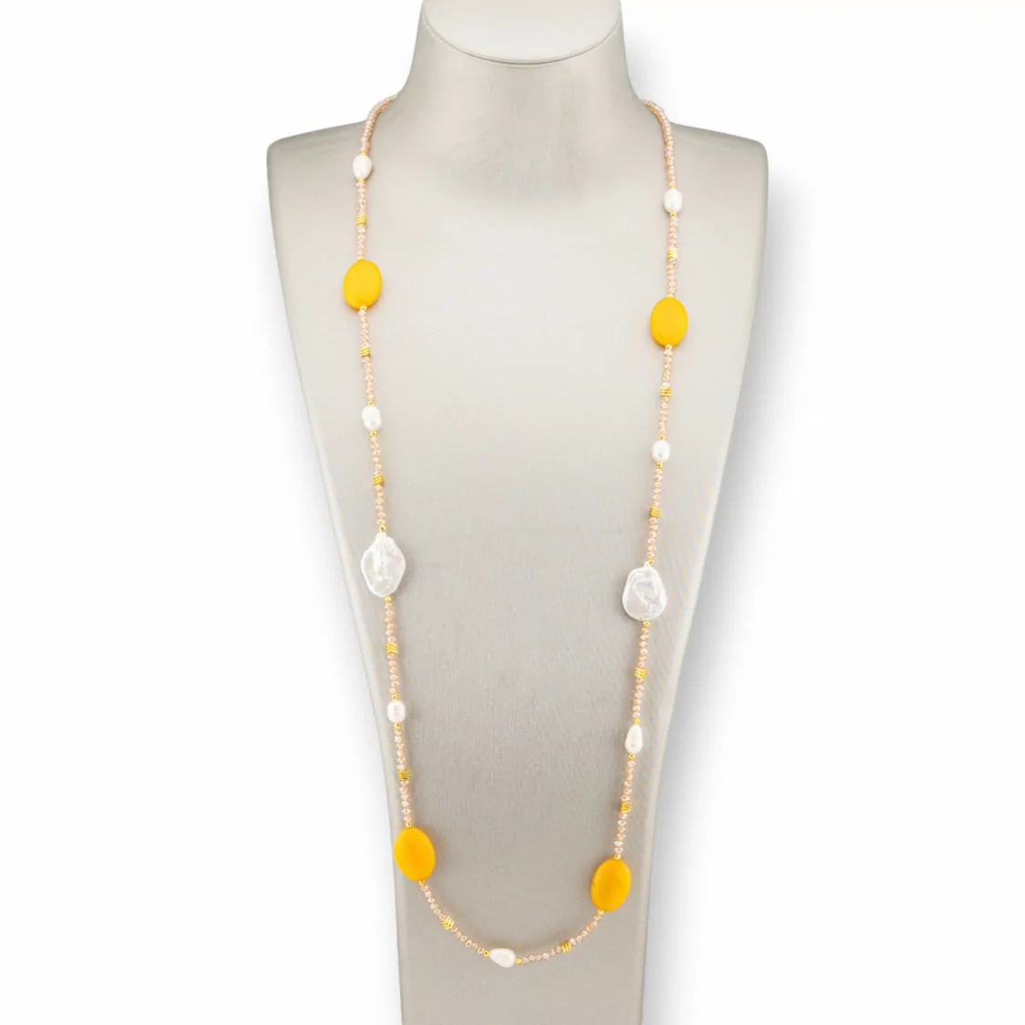 Collana Bijoux Di Cristalli CZ Con Pietre Dure E Perle Barocche Con Ematite 90cm Giallo-DESIGN ITALY | Worldofjewel.com