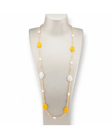 Collana Bijoux Di Cristalli CZ Con Pietre Dure E Perle Barocche Con Ematite 90cm Giallo-DESIGN ITALY | Worldofjewel.com