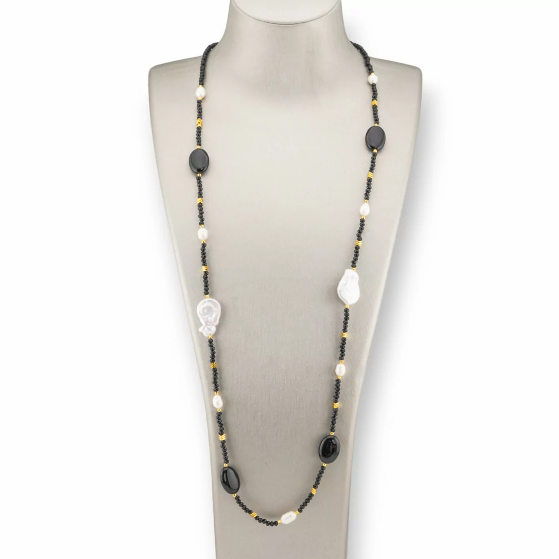 Collana Bijoux Di Cristalli CZ Con Pietre Dure E Perle Barocche Con Ematite 90cm Nero-DESIGN ITALY | Worldofjewel.com