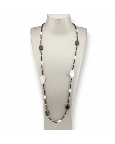 Collana Bijoux Di Cristalli CZ Con Pietre Dure E Perle Barocche Con Ematite 90cm Nero-DESIGN ITALY | Worldofjewel.com