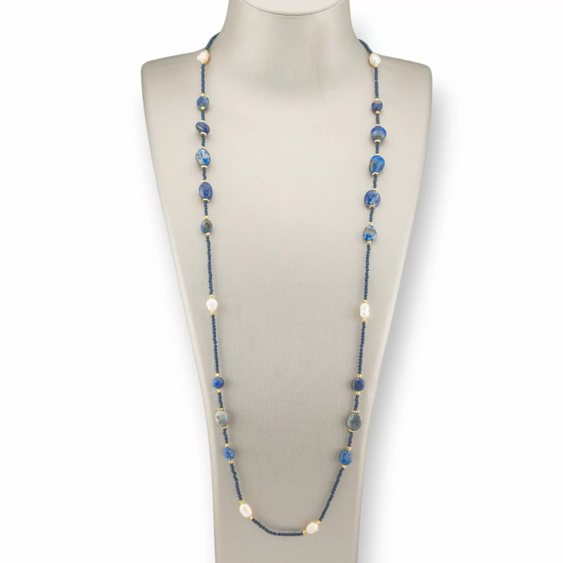 Collana Bijoux Di Cristalli CZ Con Pietre Dure, Perle Di Fiume E Ematite 90cm Blu Lapislazzuli-DESIGN ITALY | Worldofjewel.com