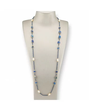 Collana Bijoux Di Cristalli CZ Con Pietre Dure, Perle Di Fiume E Ematite 90cm Blu-DESIGN ITALY | Worldofjewel.com