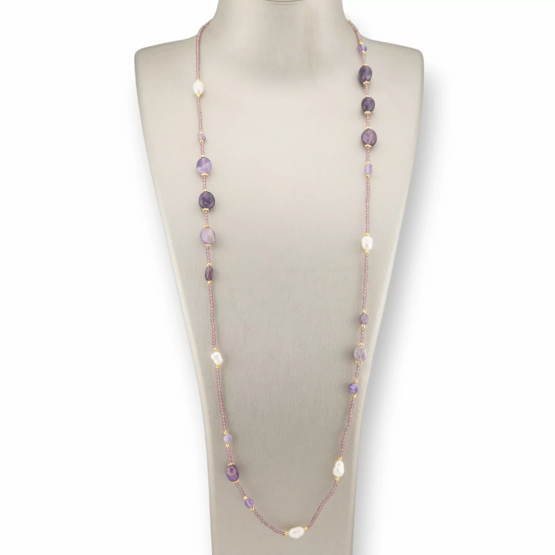 Collana Bijoux Di Cristalli CZ Con Pietre Dure, Perle Di Fiume E Ematite 90cm Lavanda-DESIGN ITALY | Worldofjewel.com