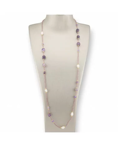 Collana Bijoux Di Cristalli CZ Con Pietre Dure, Perle Di Fiume E Ematite 90cm Lavanda-DESIGN ITALY | Worldofjewel.com