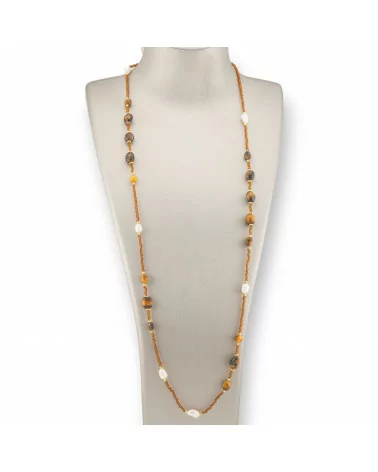 Collana Bijoux Di Cristalli CZ Con Pietre Dure, Perle Di Fiume E Ematite 90cm Marrone-DESIGN ITALY | Worldofjewel.com