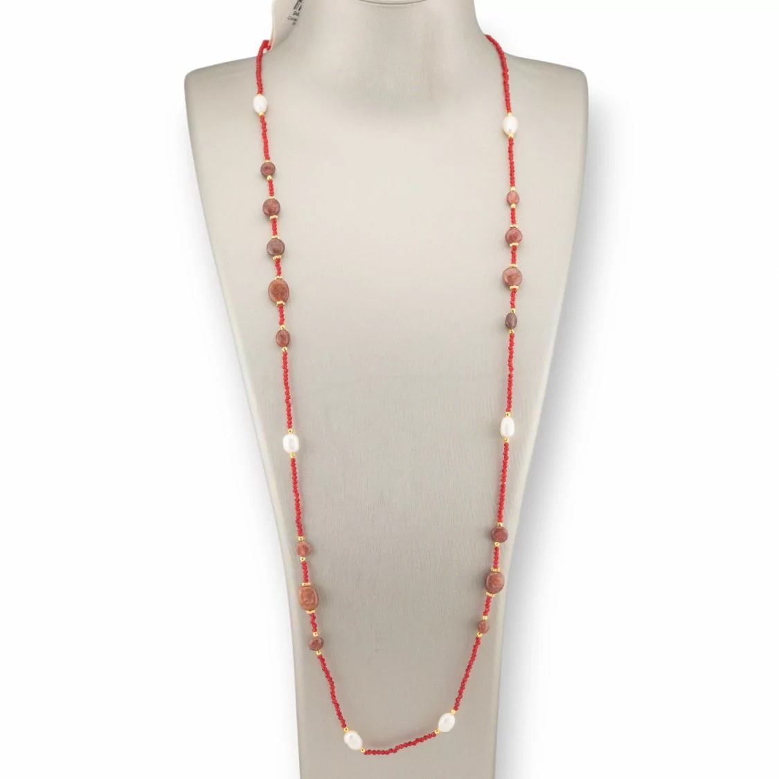 Collana Bijoux Di Cristalli CZ Con Pietre Dure, Perle Di Fiume E Ematite 90cm Rosso-DESIGN ITALY | Worldofjewel.com