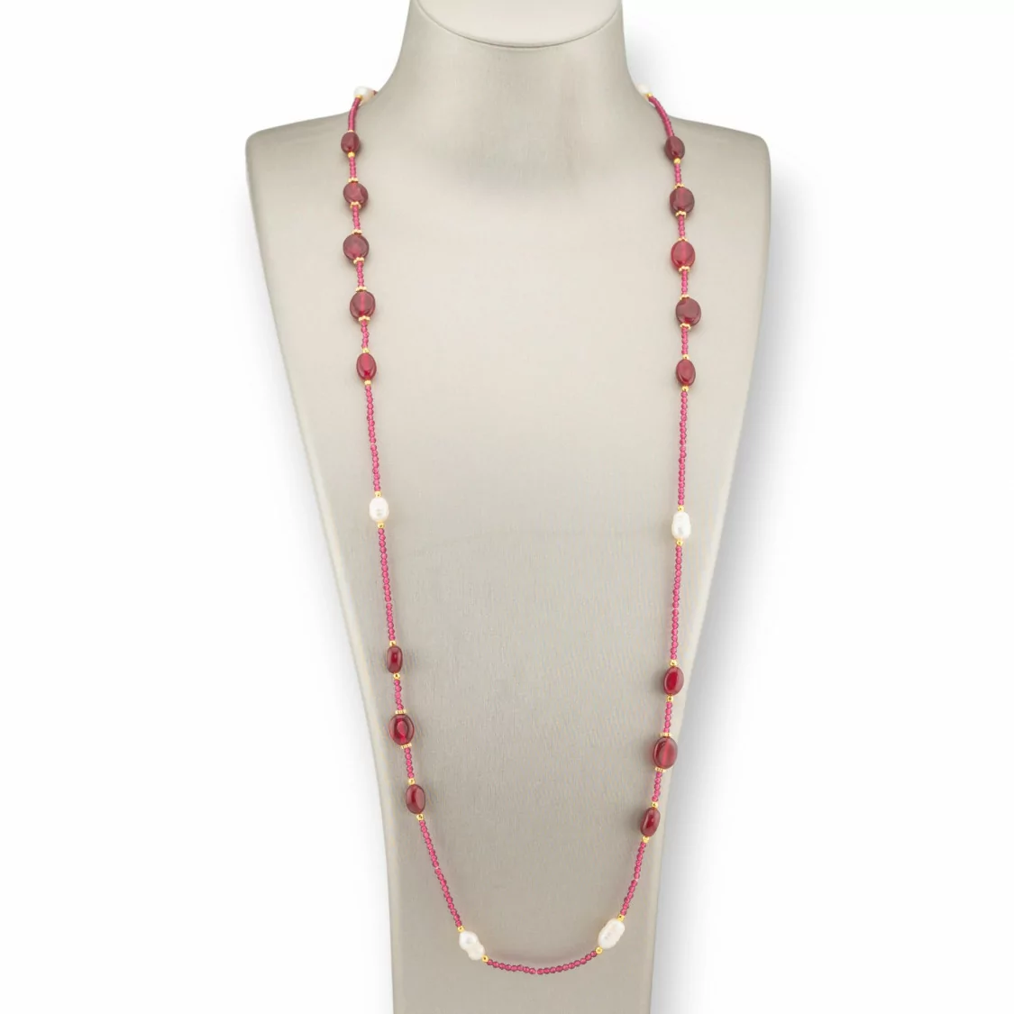 Collana Bijoux Di Cristalli CZ Con Pietre Dure, Perle Di Fiume E Ematite 90cm Rosso Ruby-DESIGN ITALY | Worldofjewel.com