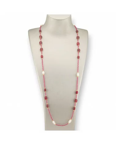 Collana Bijoux Di Cristalli CZ Con Pietre Dure, Perle Di Fiume E Ematite 90cm Rosso Ruby-DESIGN ITALY | Worldofjewel.com