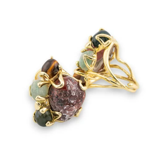 Bague Bronze Collection AURORA Avec 4 Pierres Naturelles 26x31mm Taille Ajustable Agate Indienne Dorée MIX2