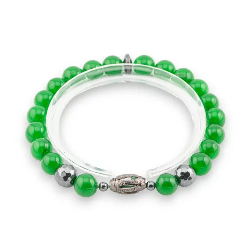 Elastic Bracelet Of Hard Stones 8mm With Hematite And Diamond Cendrale Men's Line Green Jade